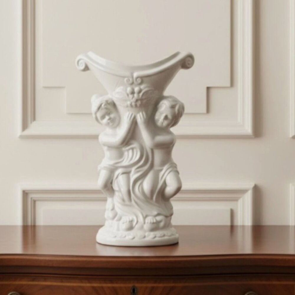 Vintage White Cherubs Porcelain Vase Planter 14 in Mid Century Hollywood Regency